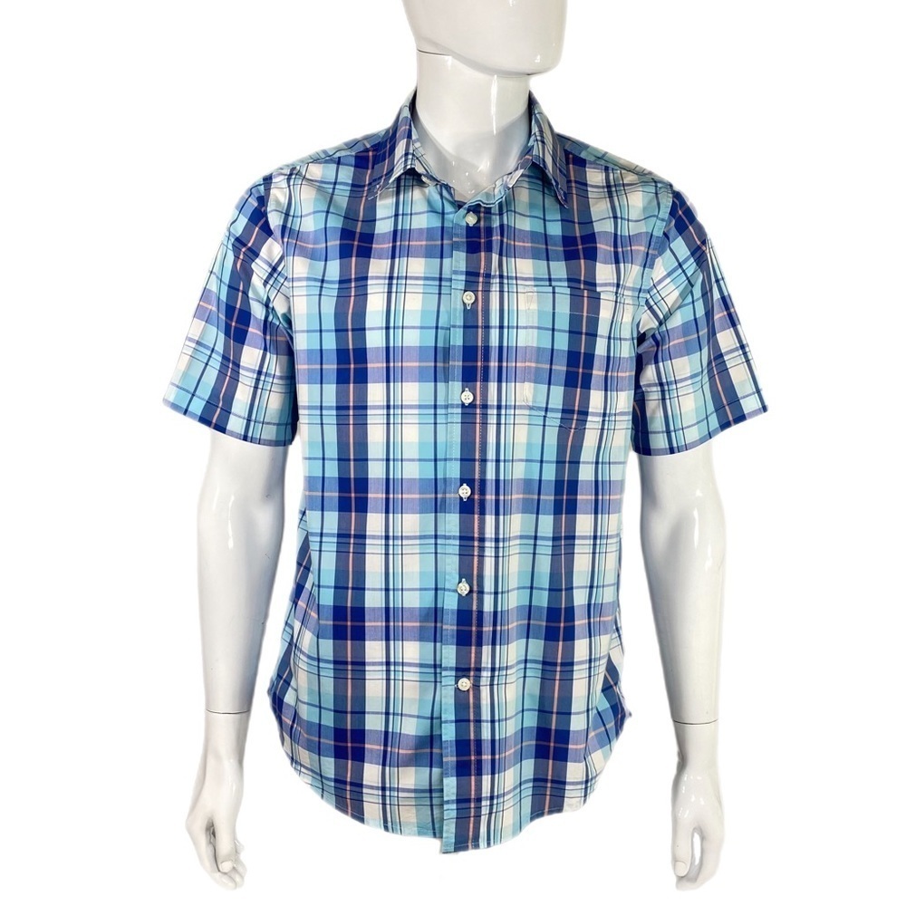 George Menâs Light Blue Plaid Short Sleeve Button Down